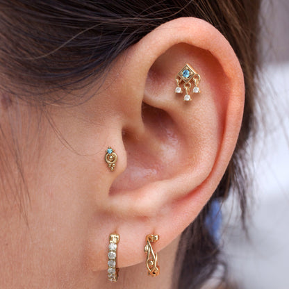 14K Gold Blue Topaz Diamond Square Dangle Threadless End