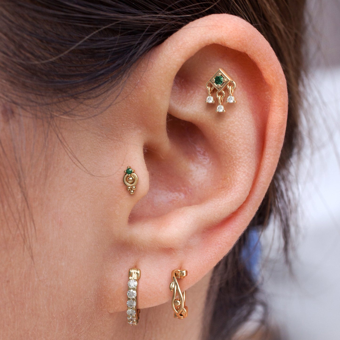 14K Gold Emerald Diamond Square Dangle Threadless End