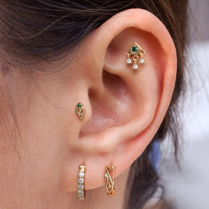 14K Gold Emerald Diamond Square Dangle Threadless End