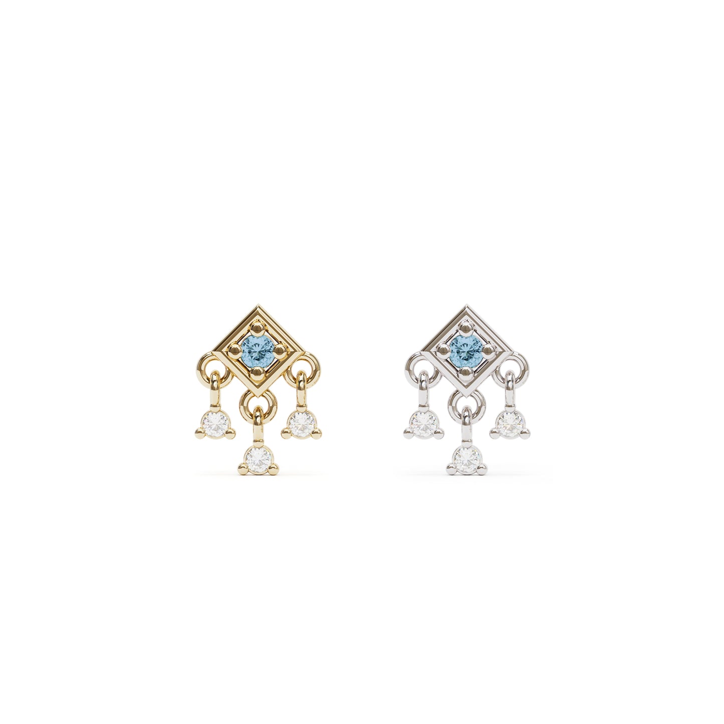14K Gold Blue Topaz Diamond Square Dangle Threadless End