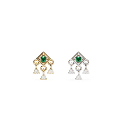 14K Gold Emerald Diamond Square Dangle Threadless End