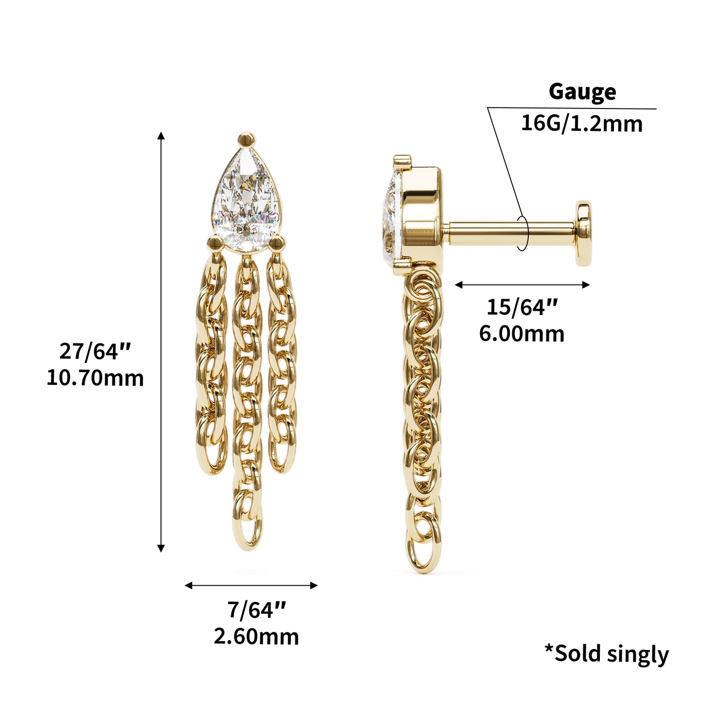 14K Gold Pear-Shape Diamond Chain Dangle Stud