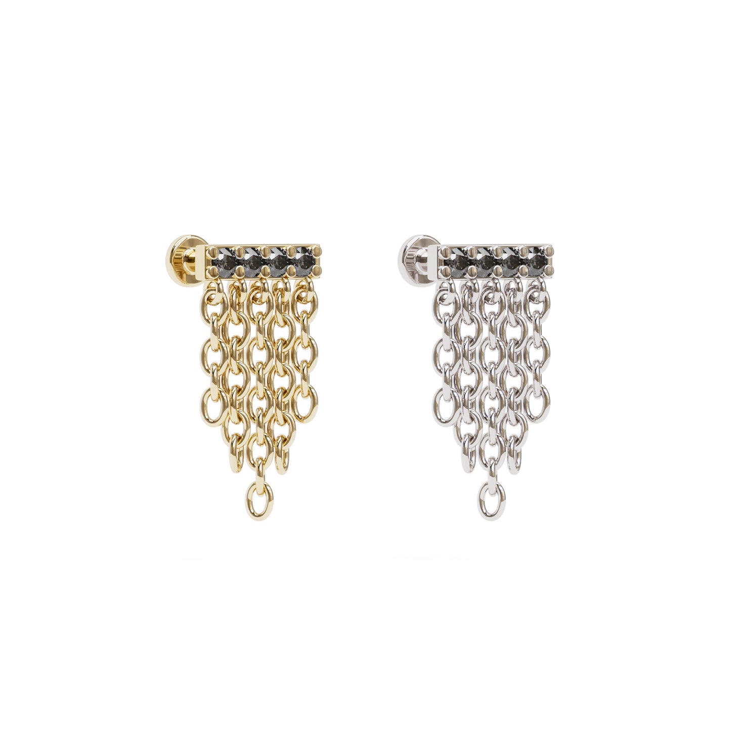 14K Gold Black Diamond Bar Chain Dangle Stud