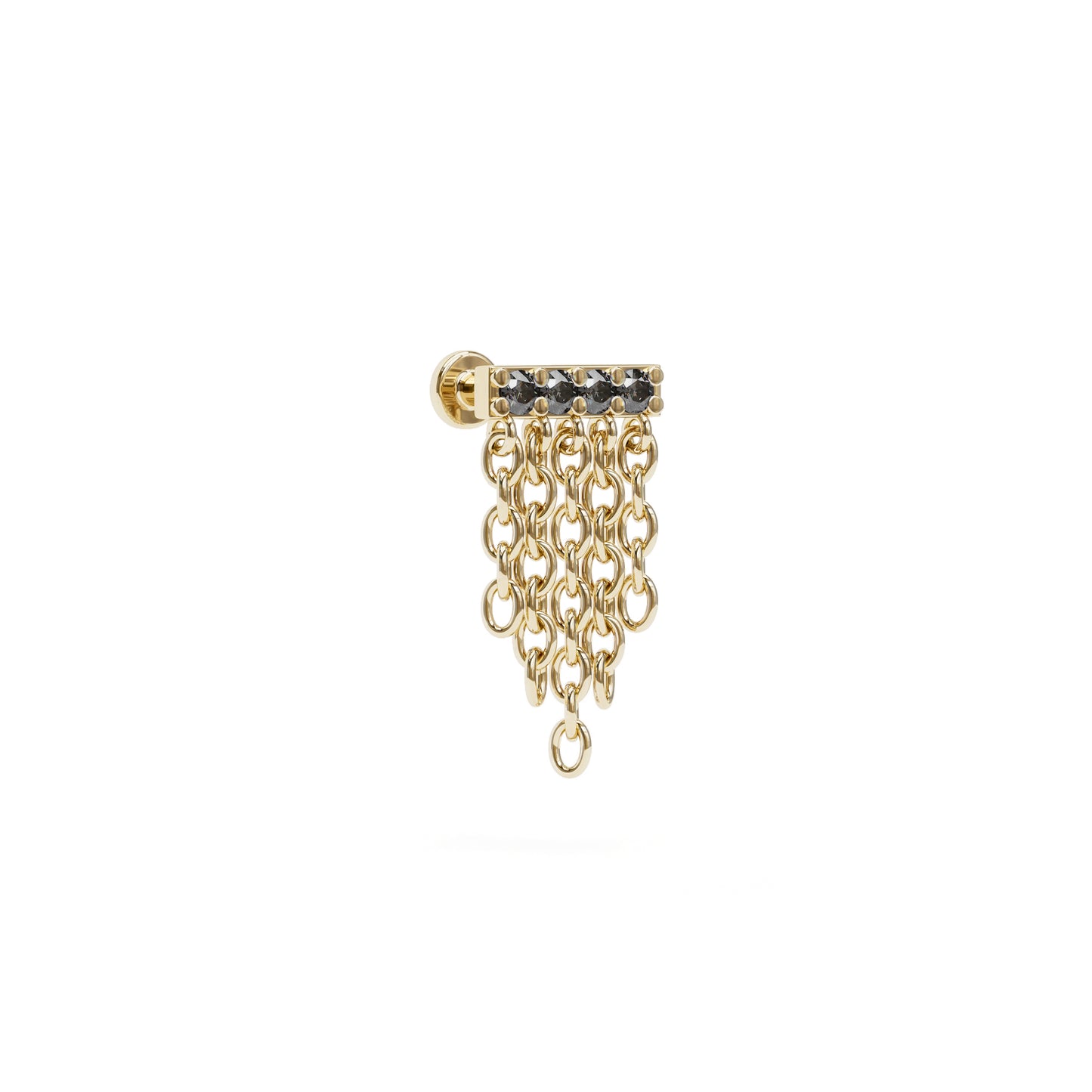 14K Gold Black Diamond Bar Chain Dangle Stud