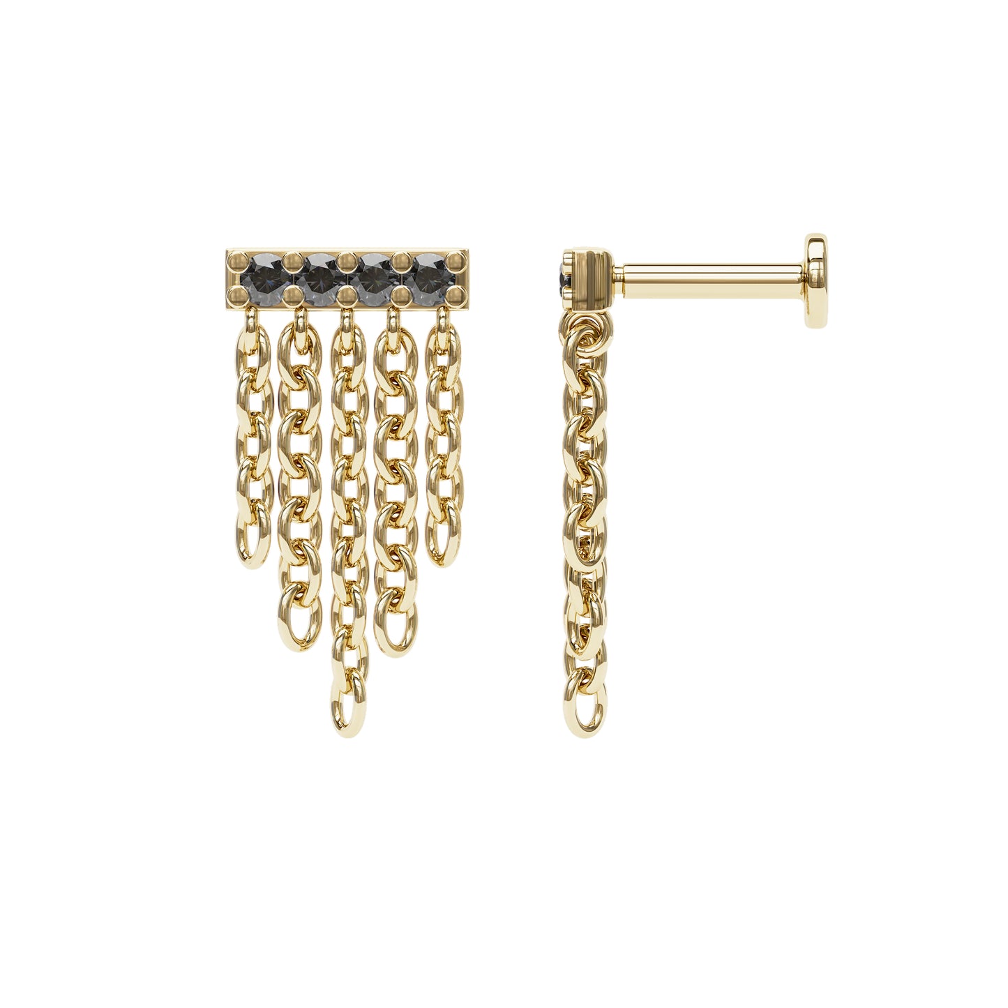 14K Gold Black Diamond Bar Chain Dangle Stud