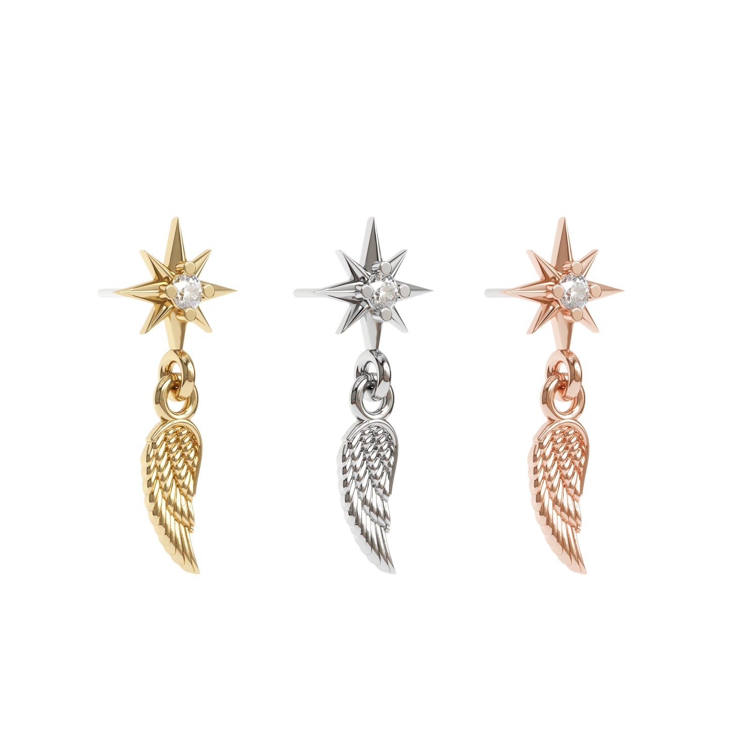 14K Gold Diamond Starburst Feather Dangle Threadless End