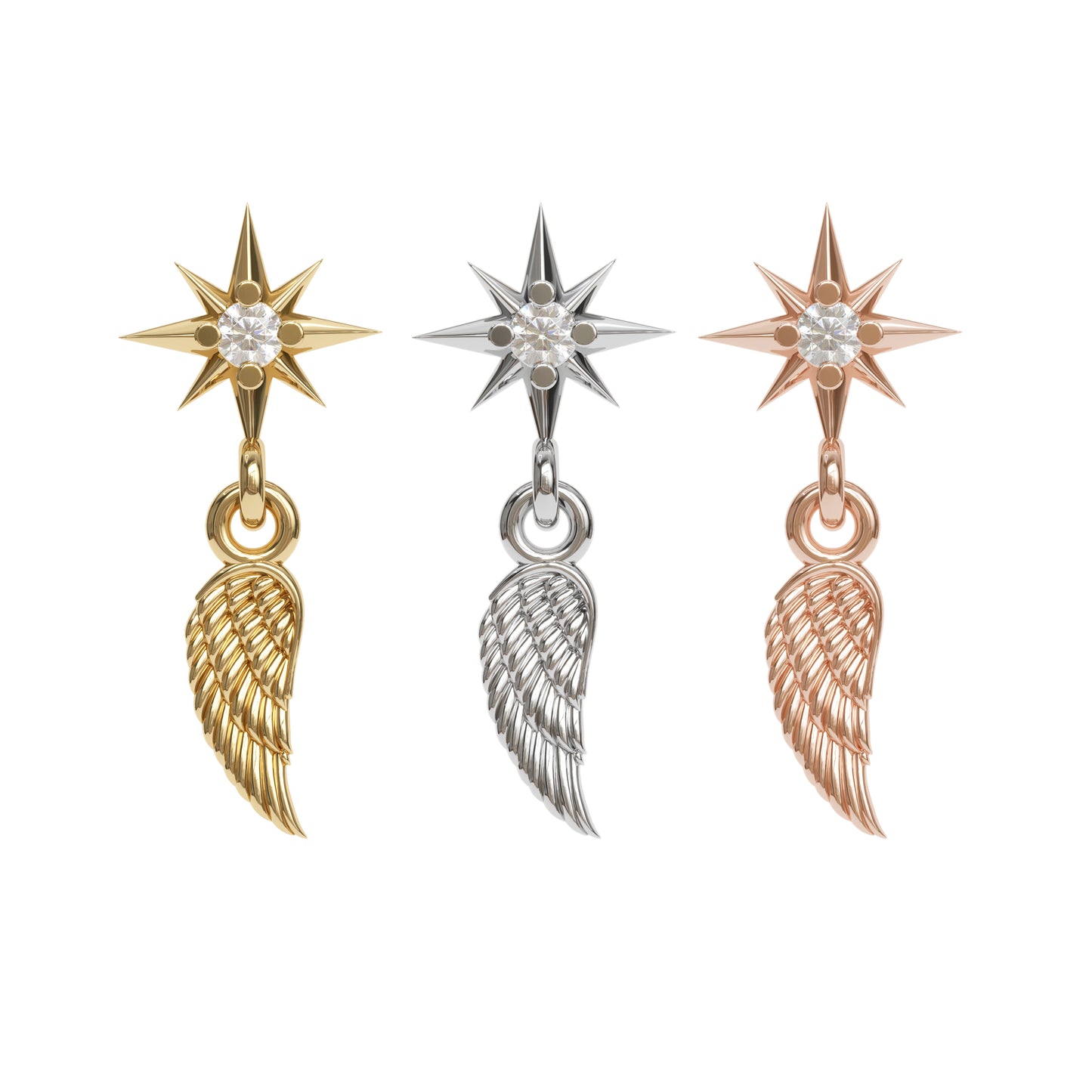 14K Gold Diamond Starburst Feather Dangle Threadless End