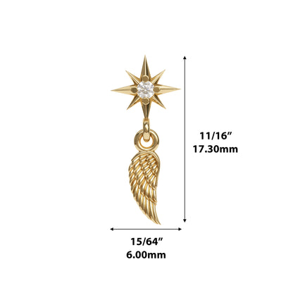 14K Gold Diamond Starburst Feather Dangle Threadless End