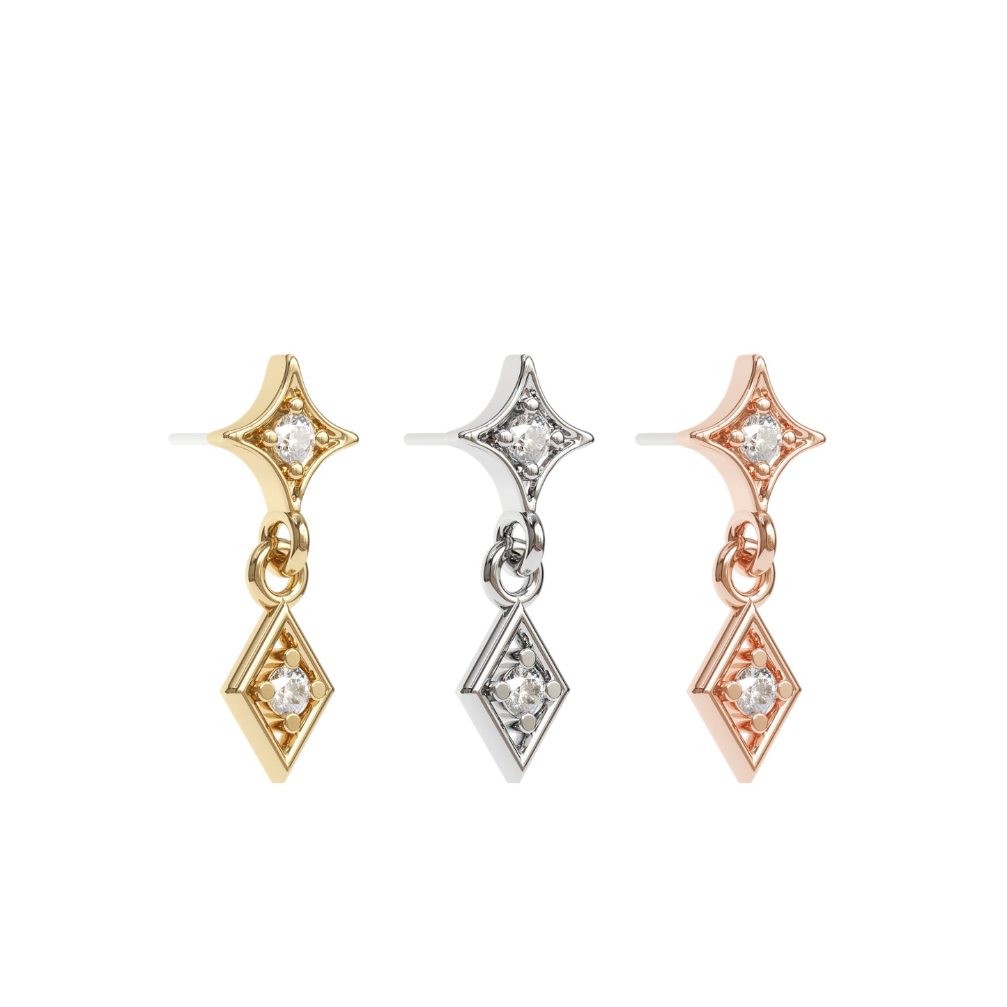 14K Gold Diamond Starburst Rhombus Dangle Threadless End