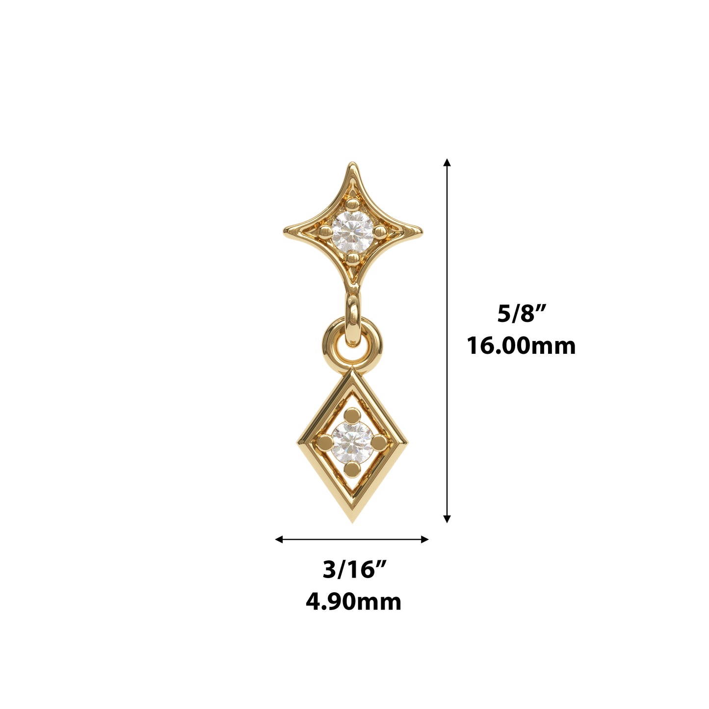 14K Gold Diamond Starburst Rhombus Dangle Threadless End