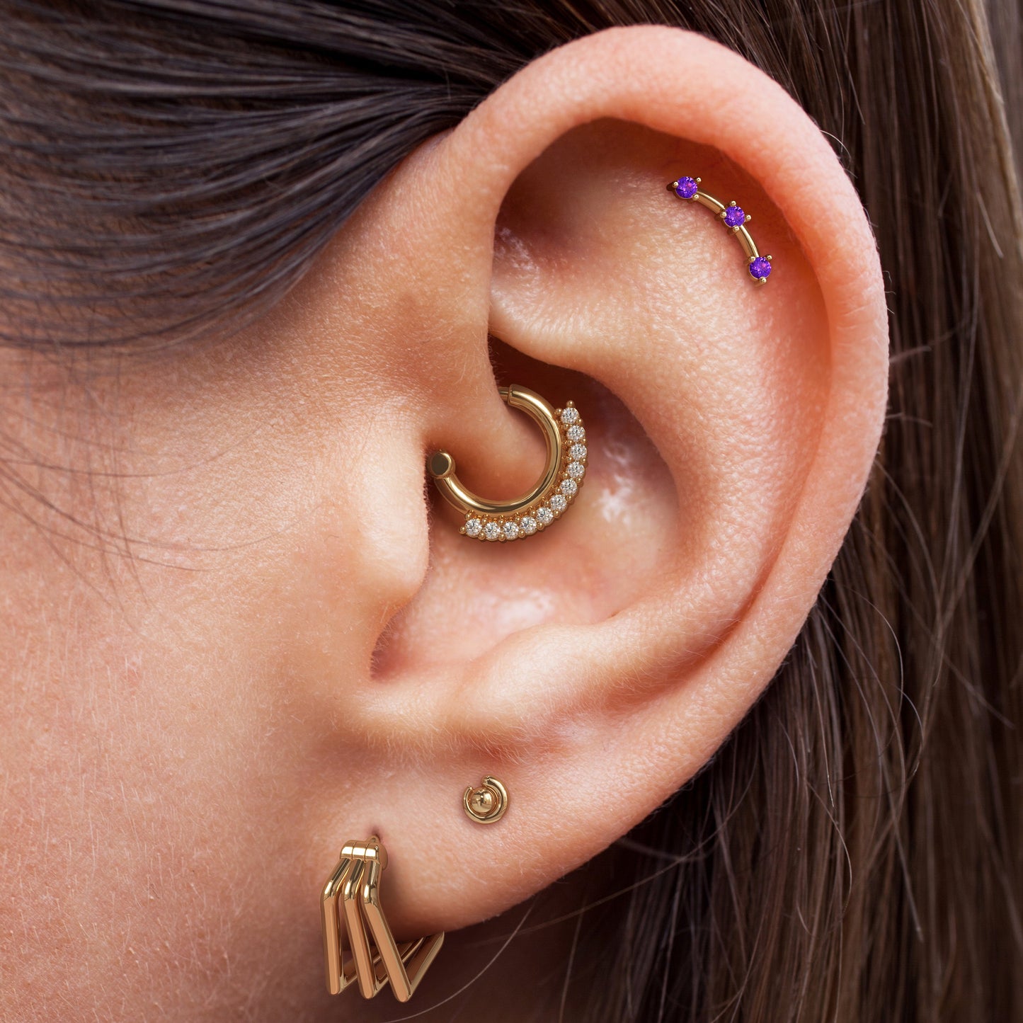 14K Gold Trio Round Amethyst Curved Threadless End