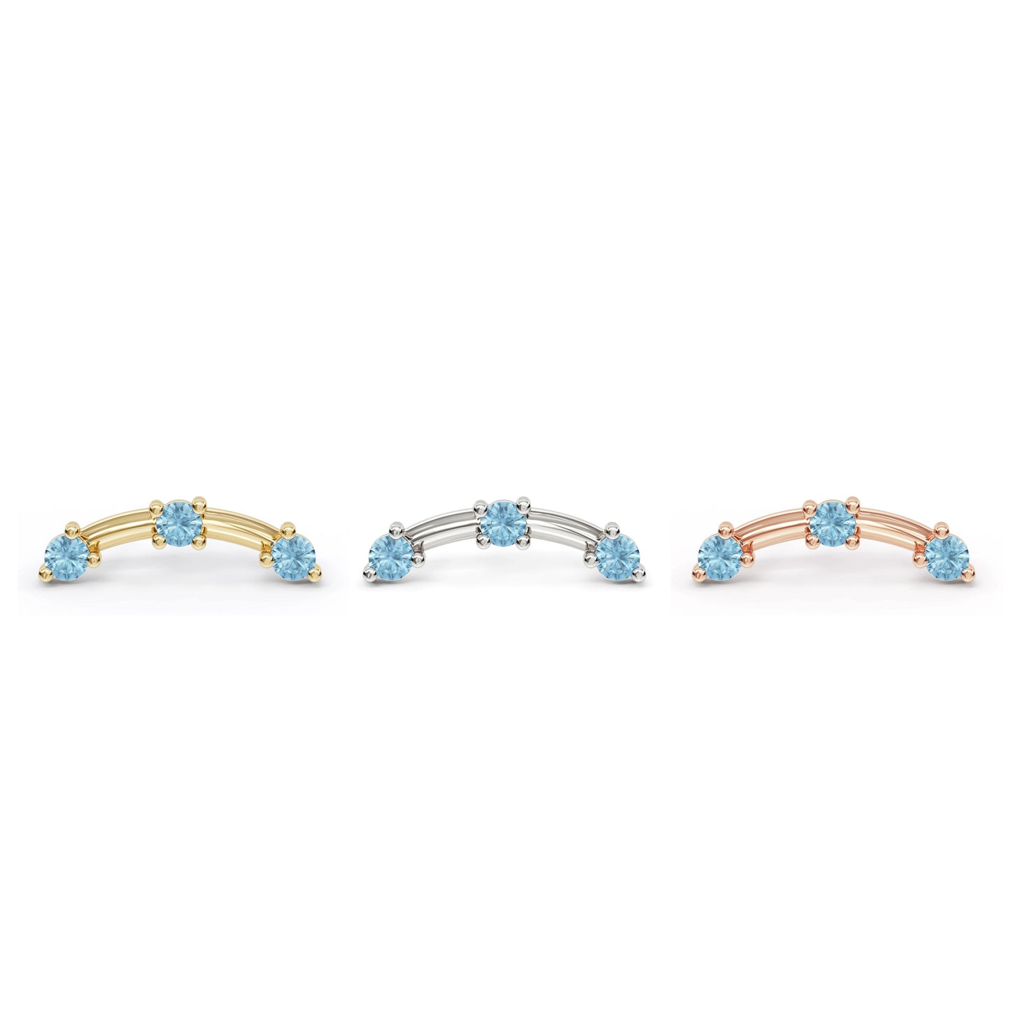 14K Gold Trio Round Blue Topaz Curved Threadless End