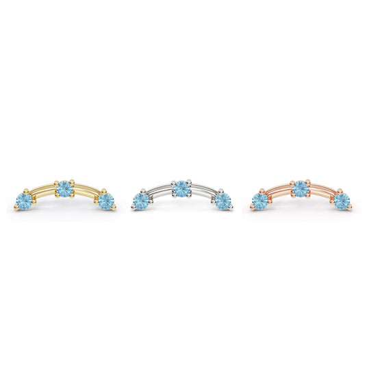 14K Gold Trio Round Blue Topaz Curved Threadless End