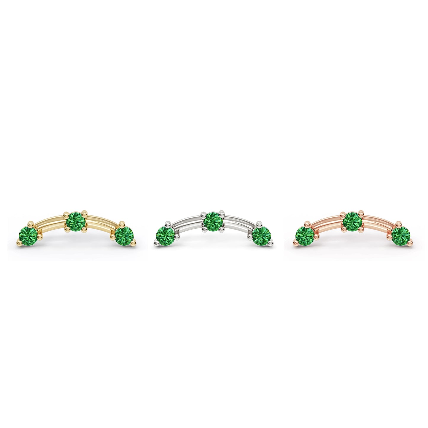 14K Gold Trio Round Emerald Curved Threadless End