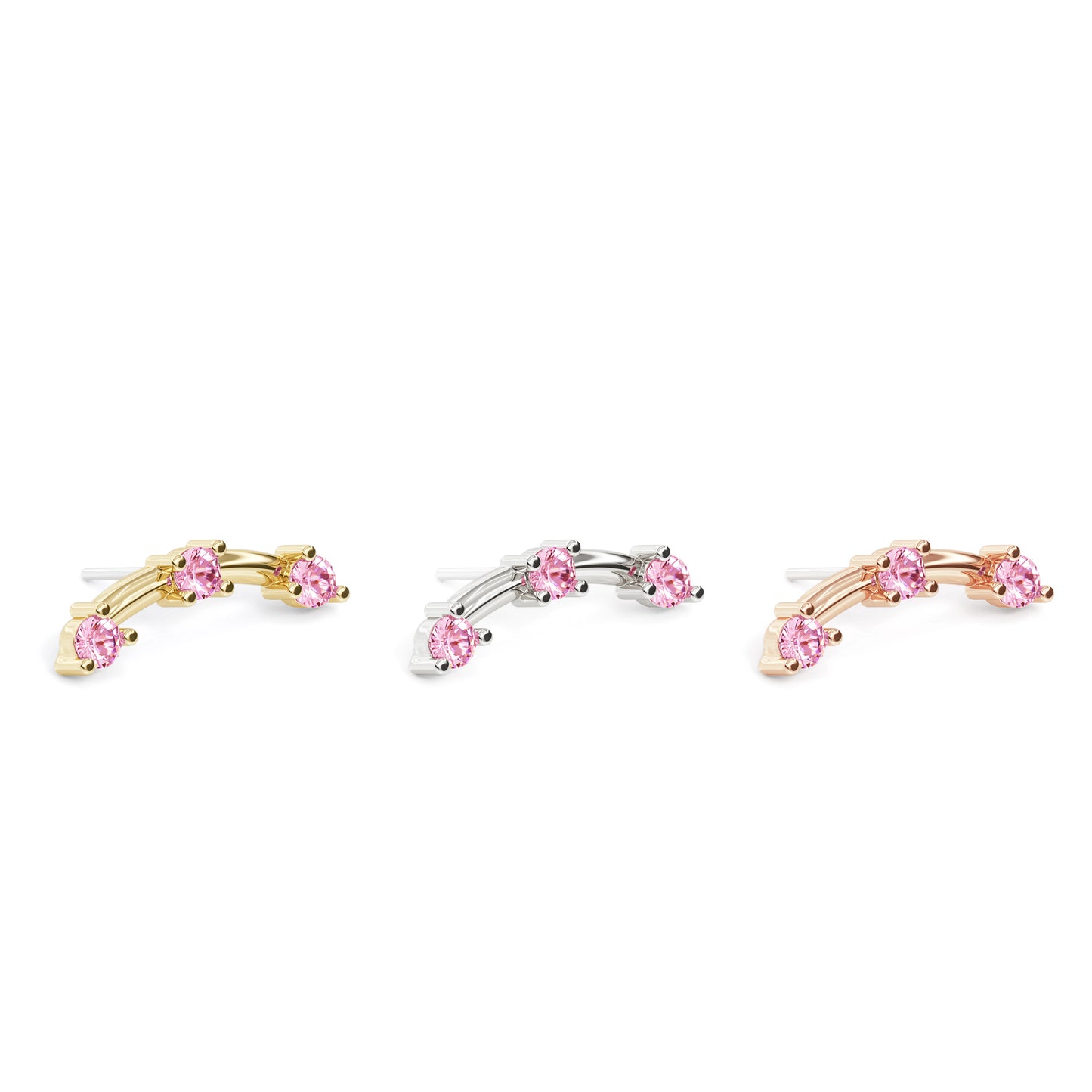14K Gold Trio Round Pink Tourmaline Curved Threadless End