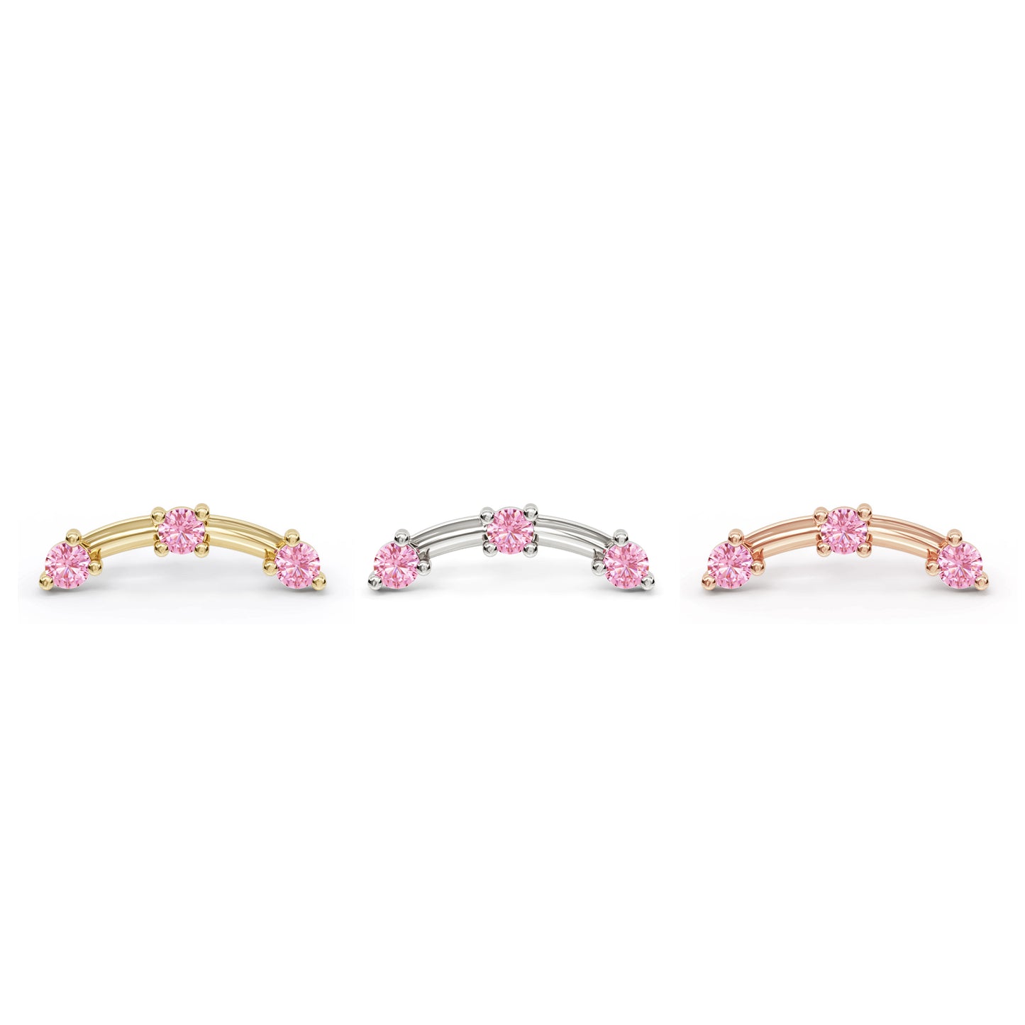 14K Gold Trio Round Pink Tourmaline Curved Threadless End