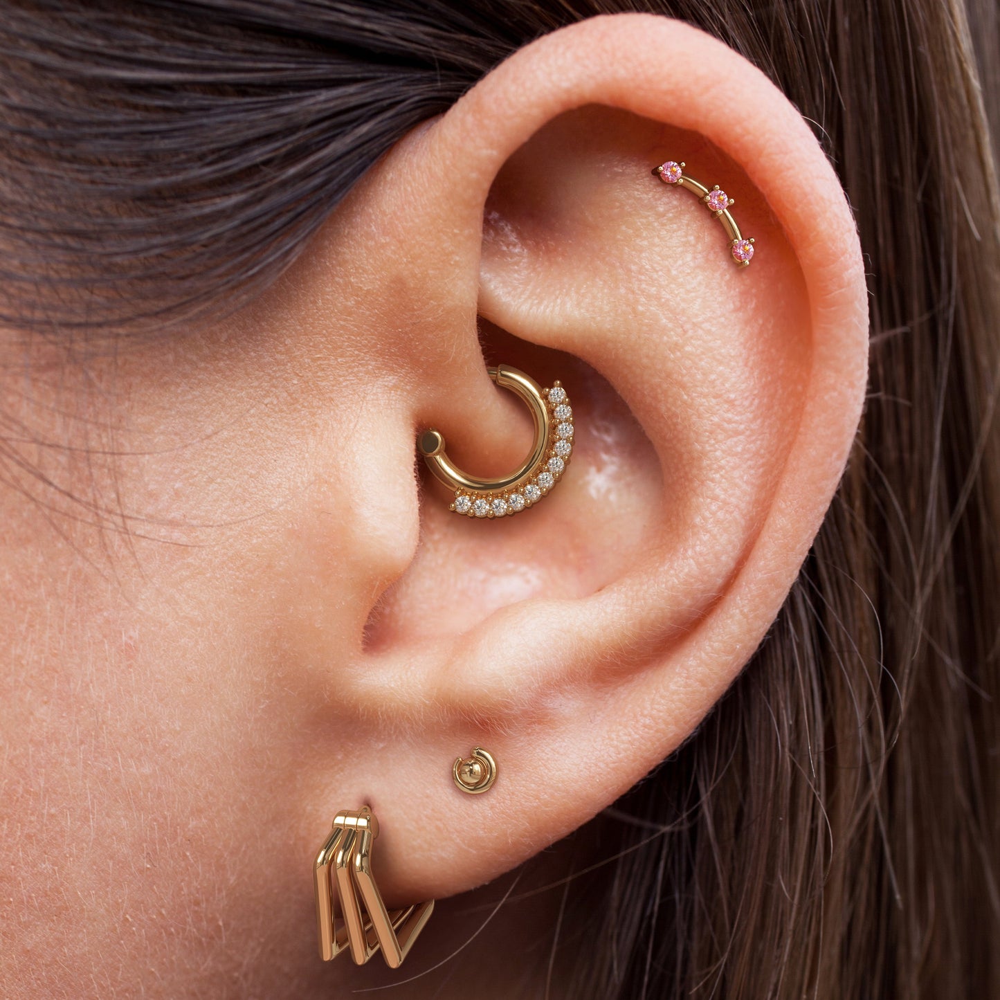 14K Gold Trio Round Pink Tourmaline Curved Threadless End