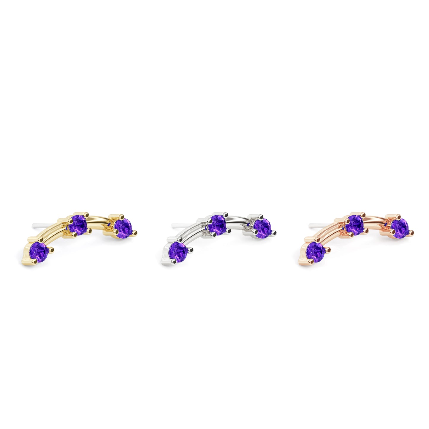 14K Gold Trio Round Amethyst Curved Threadless End