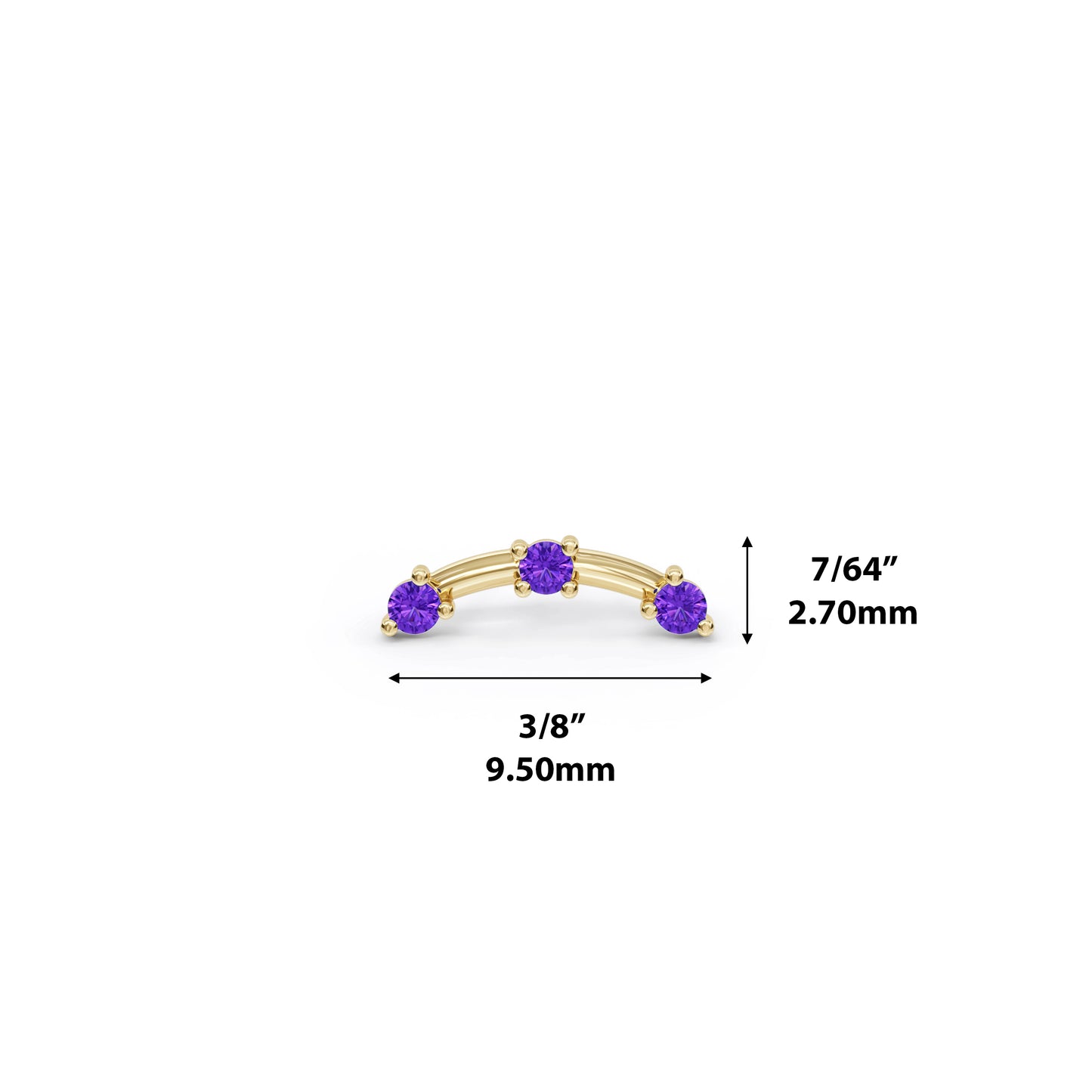 14K Gold Trio Round Amethyst Curved Threadless End