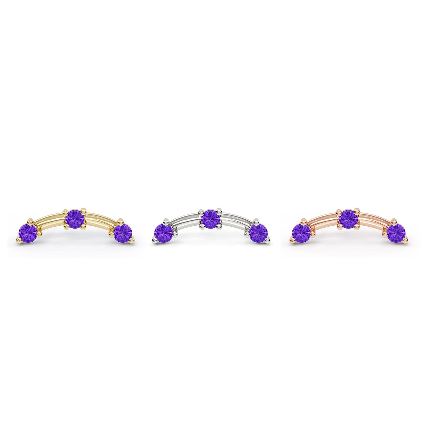 14K Gold Trio Round Amethyst Curved Threadless End