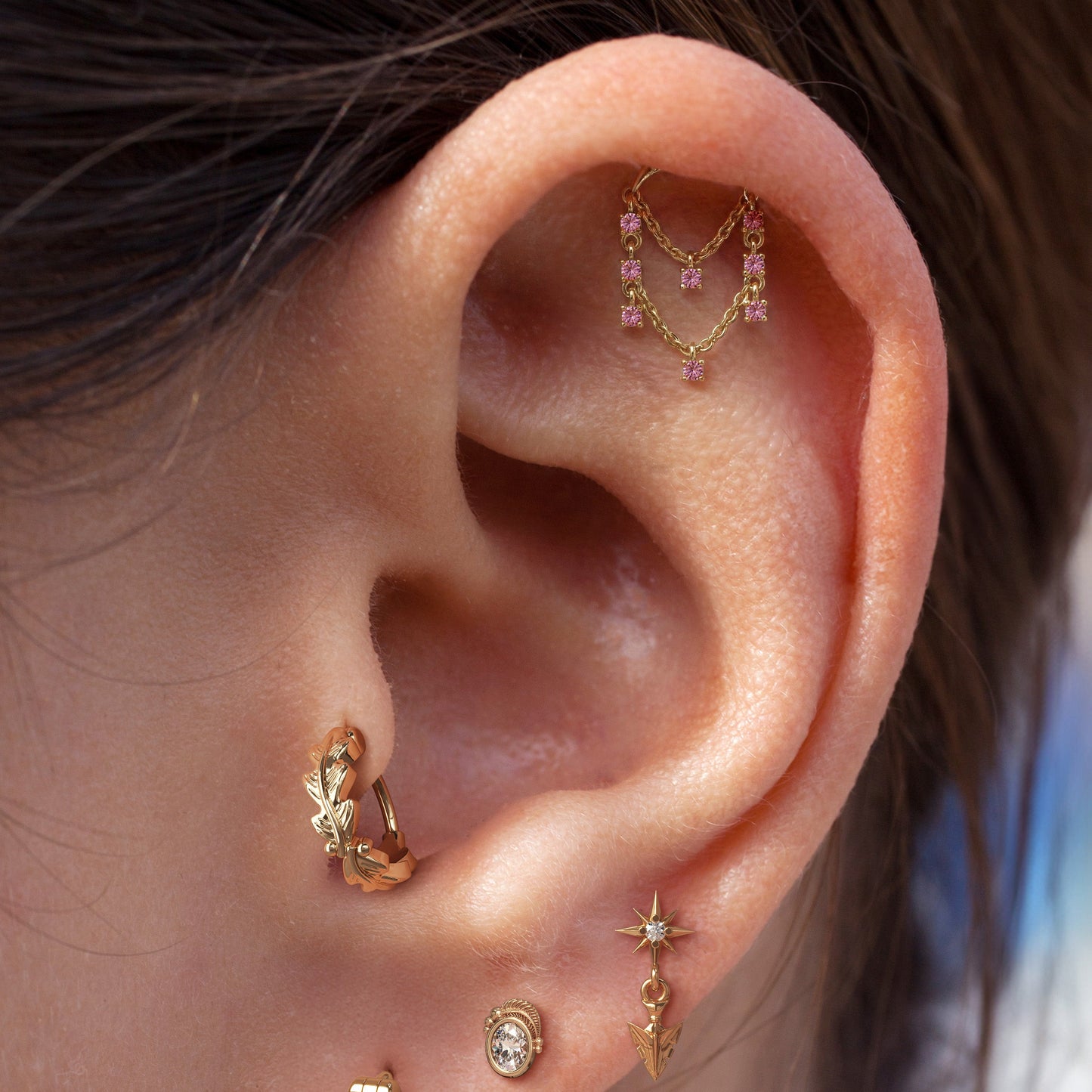 14K Gold Pink Tourmaline Chandelier Chain Threadless End