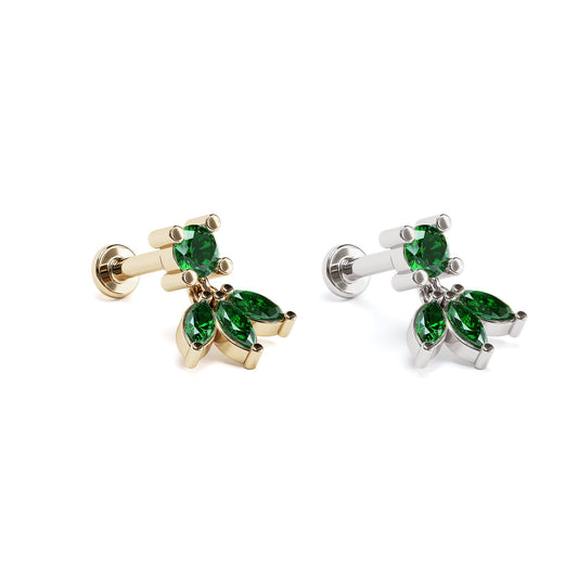 14K Gold Marquise Emerald Lotus Dangle Stud