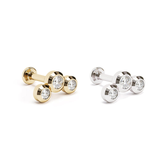 14K Gold Trio Diamond Curved Stud