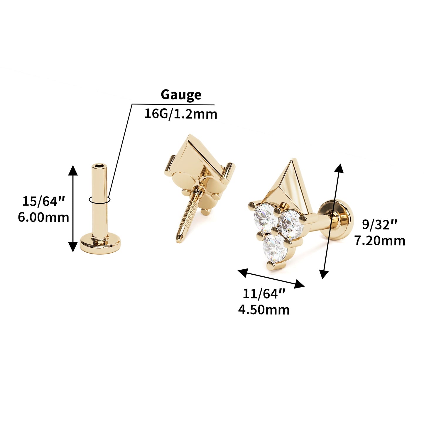 14K Gold Trio Diamond Pyramid Stud