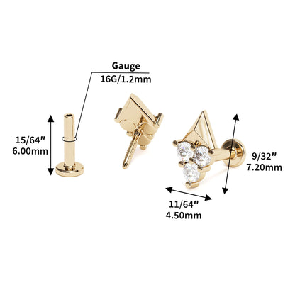 14K Gold Trio Diamond Pyramid Stud