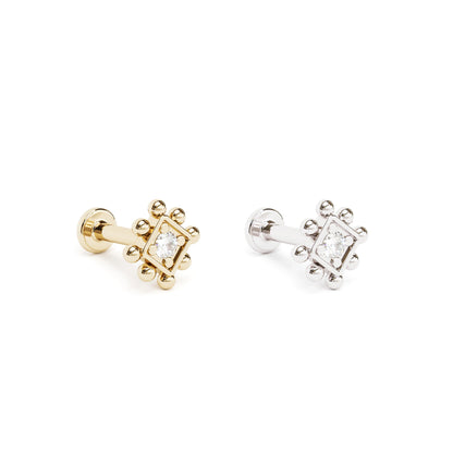 14K Gold Diamond Beaded Square Stud