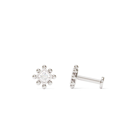 14K Gold Diamond Beaded Square Stud