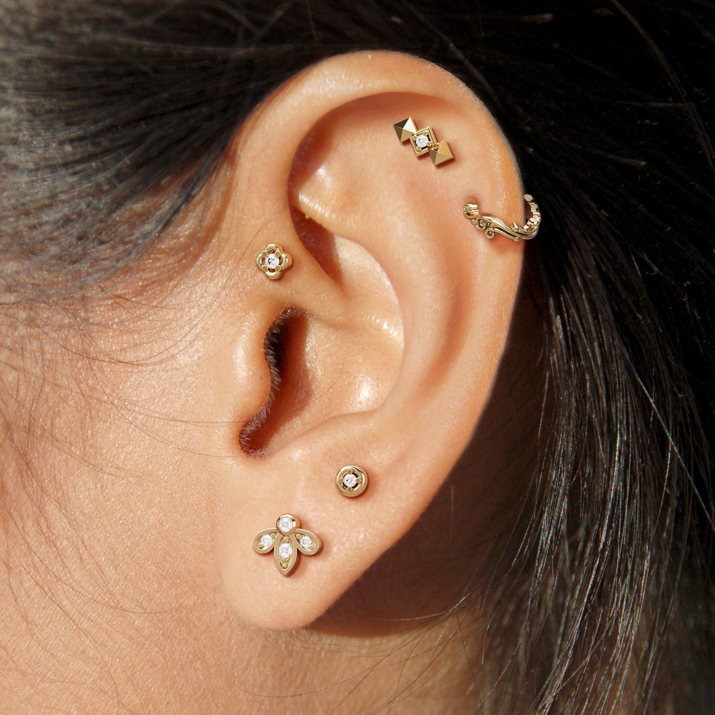 14K Gold Diamond Lotus Stud