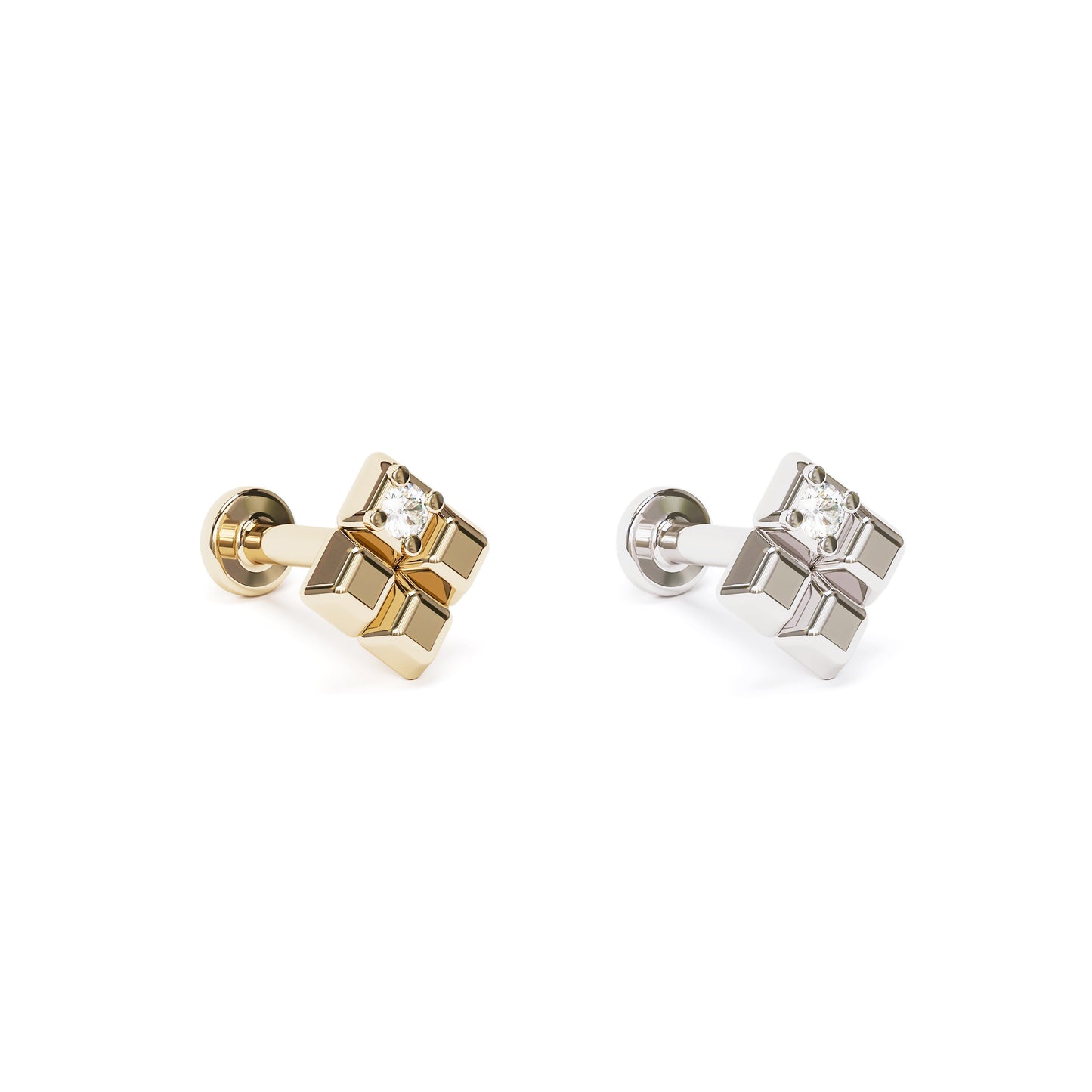 14K Gold Diamond Unique Square Stud