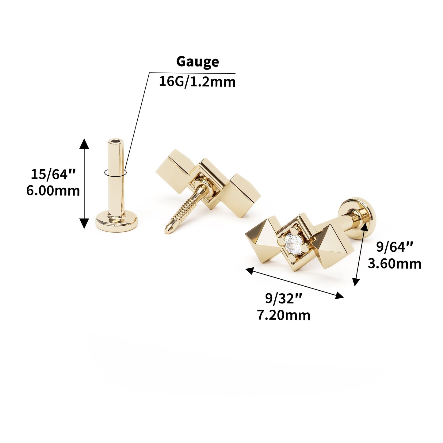 14K Gold Diamond Pyramid Stud